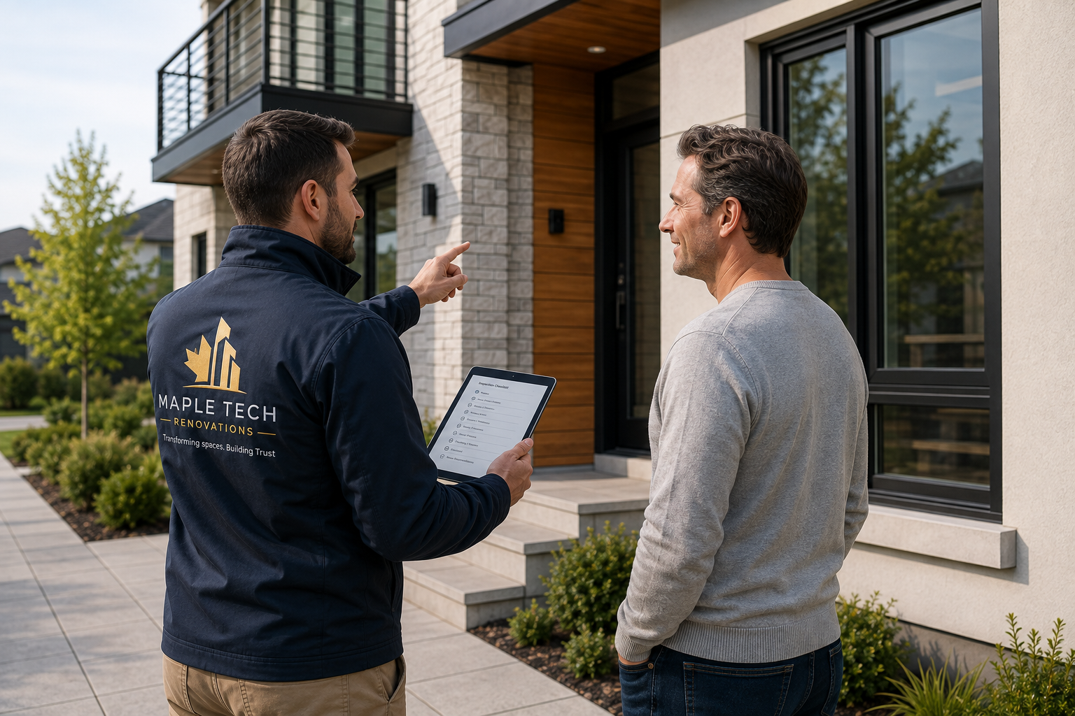 Maple Tech representative consulting with a homeowner outside a modern property