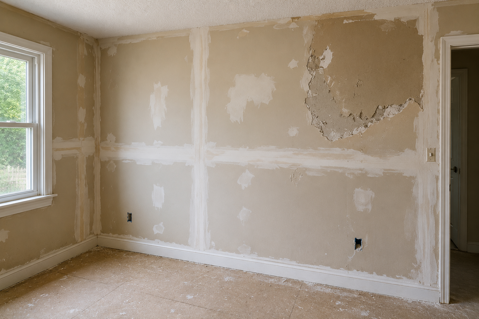 Before view of damaged or uneven drywall and plaster surfaces