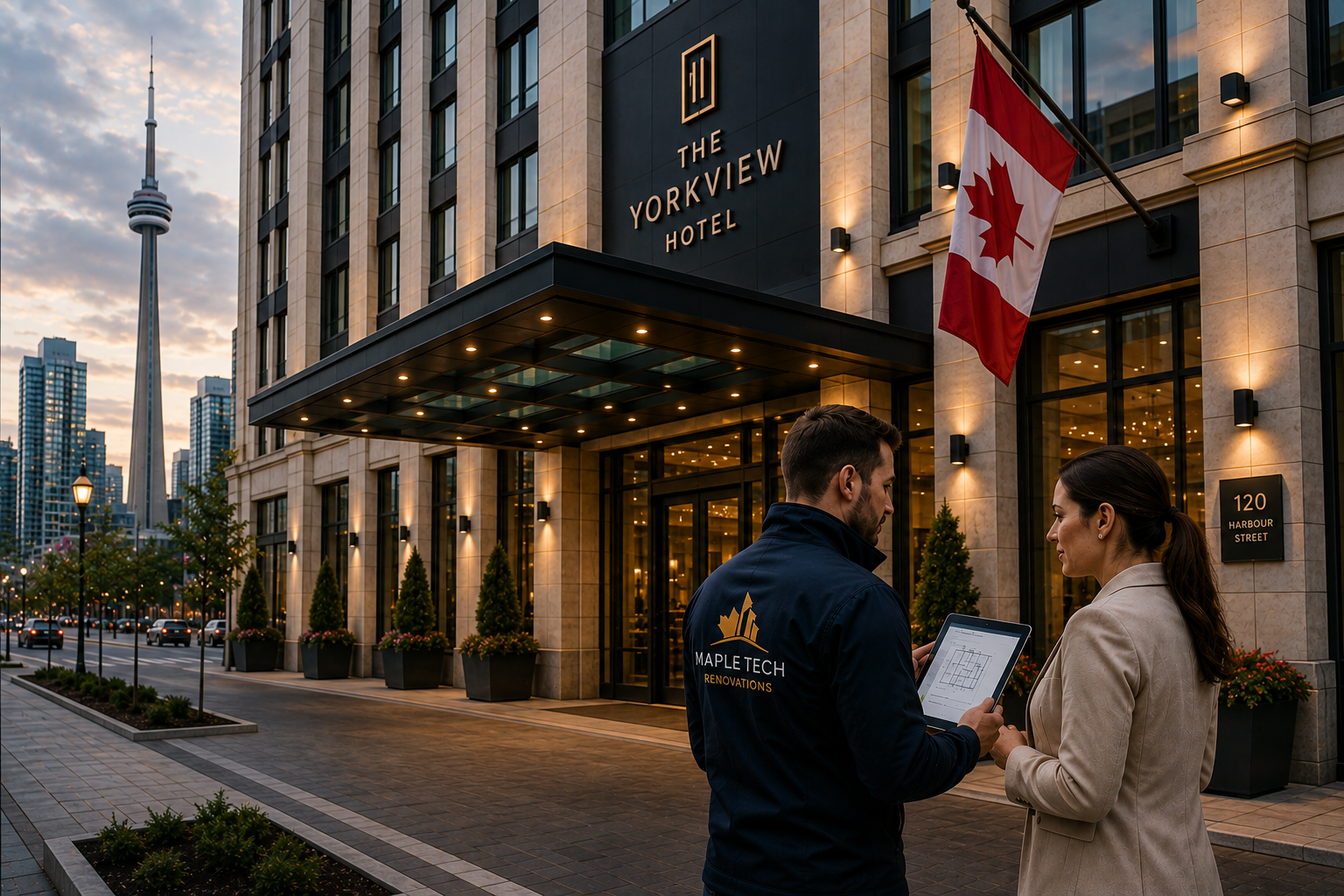 Maple Tech representative reviewing property plans with a property manager outside a large Toronto hotel.