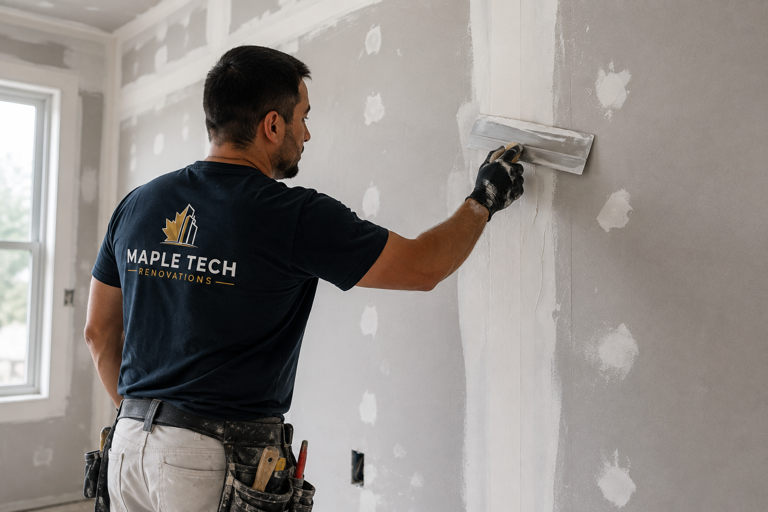 Maple Tech worker smoothing drywall compound on a wall
