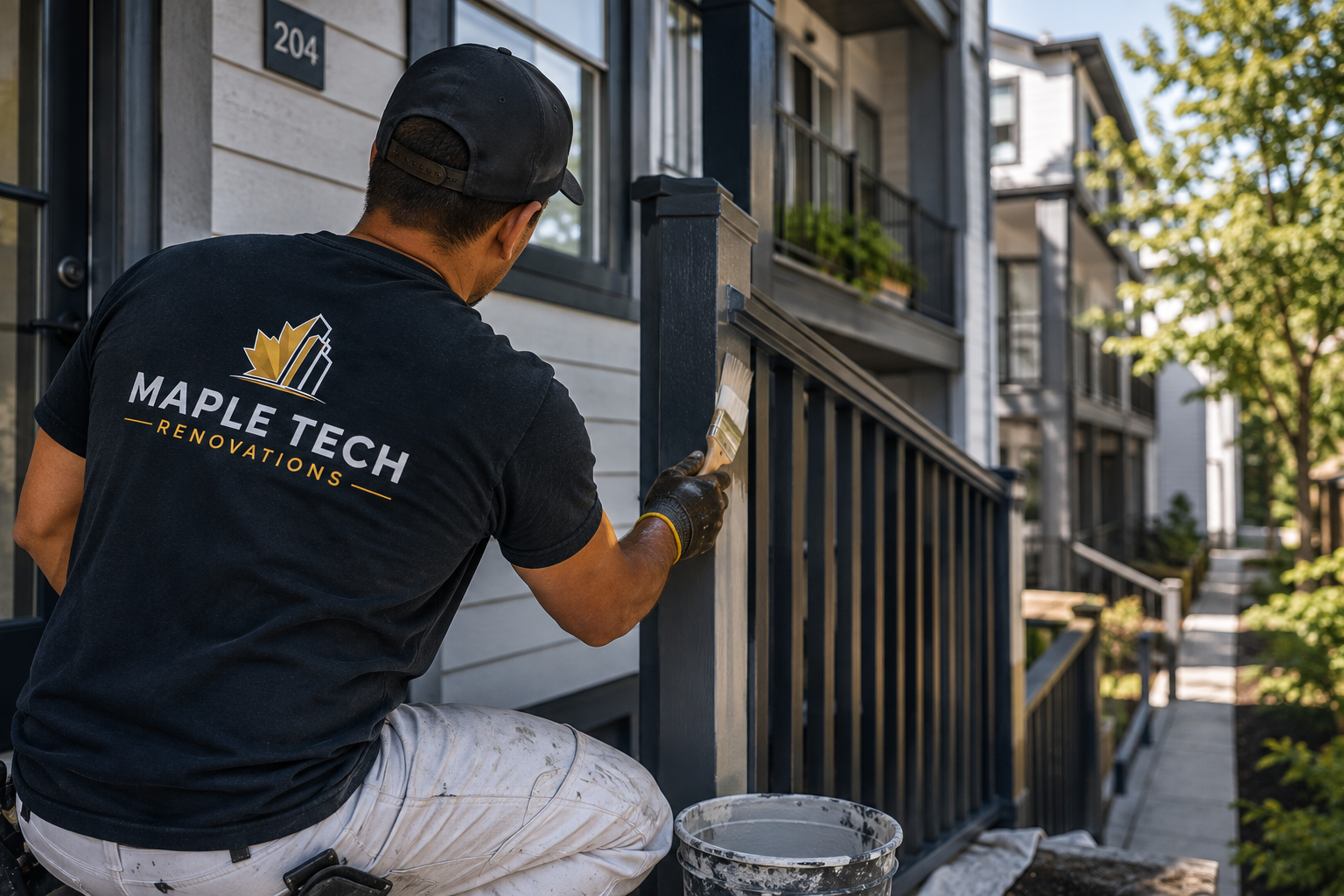 Maple Tech worker maintaining the exterior of a multi-unit property