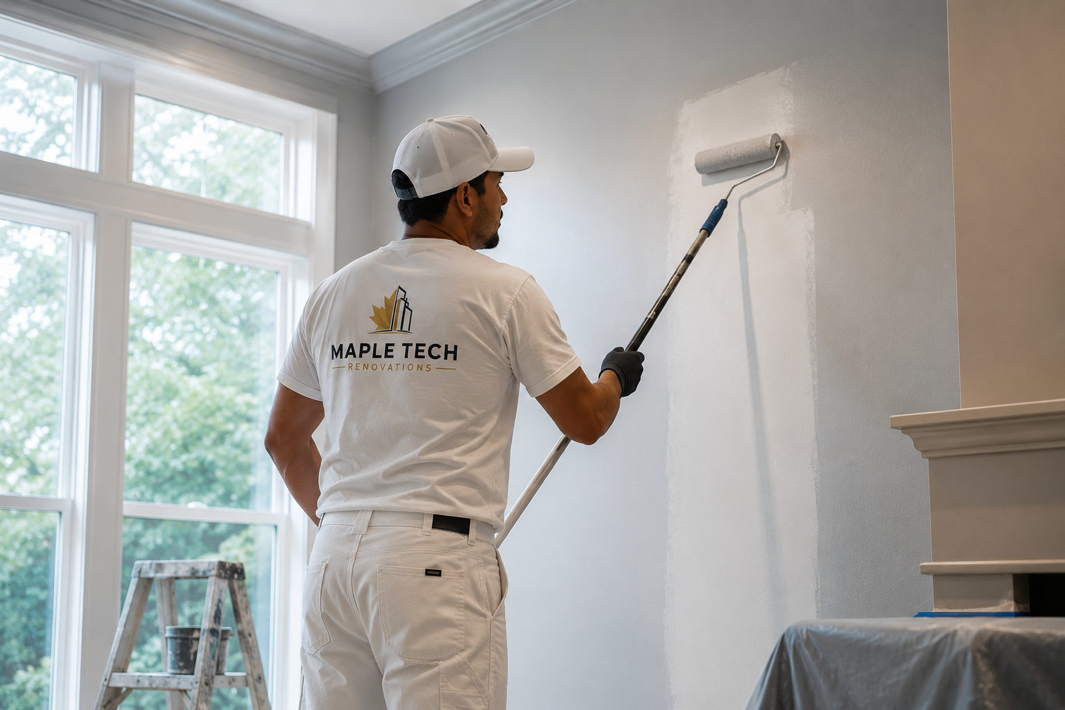 Maple Tech painter applying paint to an interior wall