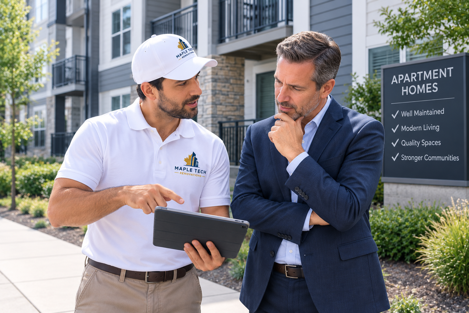Maple Tech representative supporting a property manager at an apartment complex