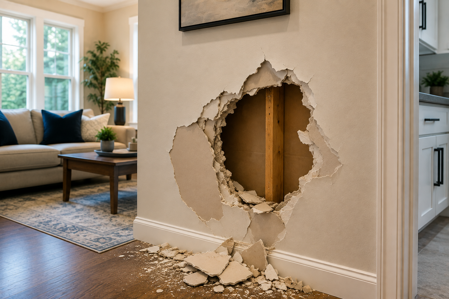 Interior wall with unexpected drywall damage requiring repair
