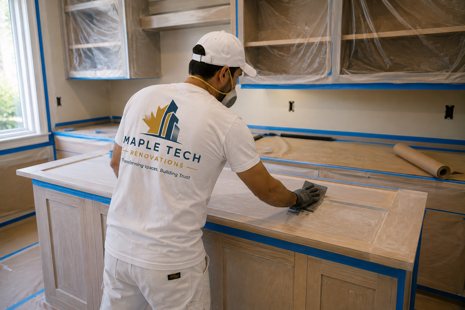Maple Tech preparing kitchen cabinetry before refinishing