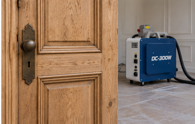 Natural wood door after laser paint removal