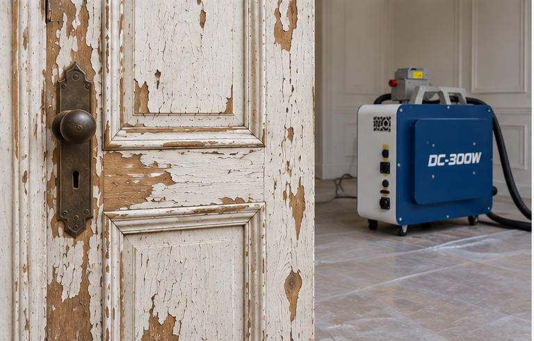 Painted wood door before laser surface preparation